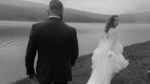 A black and white wedding photo collage shows intimate moments between a couple against a scenic lakeside backdrop.
