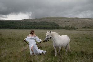 Moody panoramic countryside scenes with white horses and a figure in white against dramatic cloudy skies.