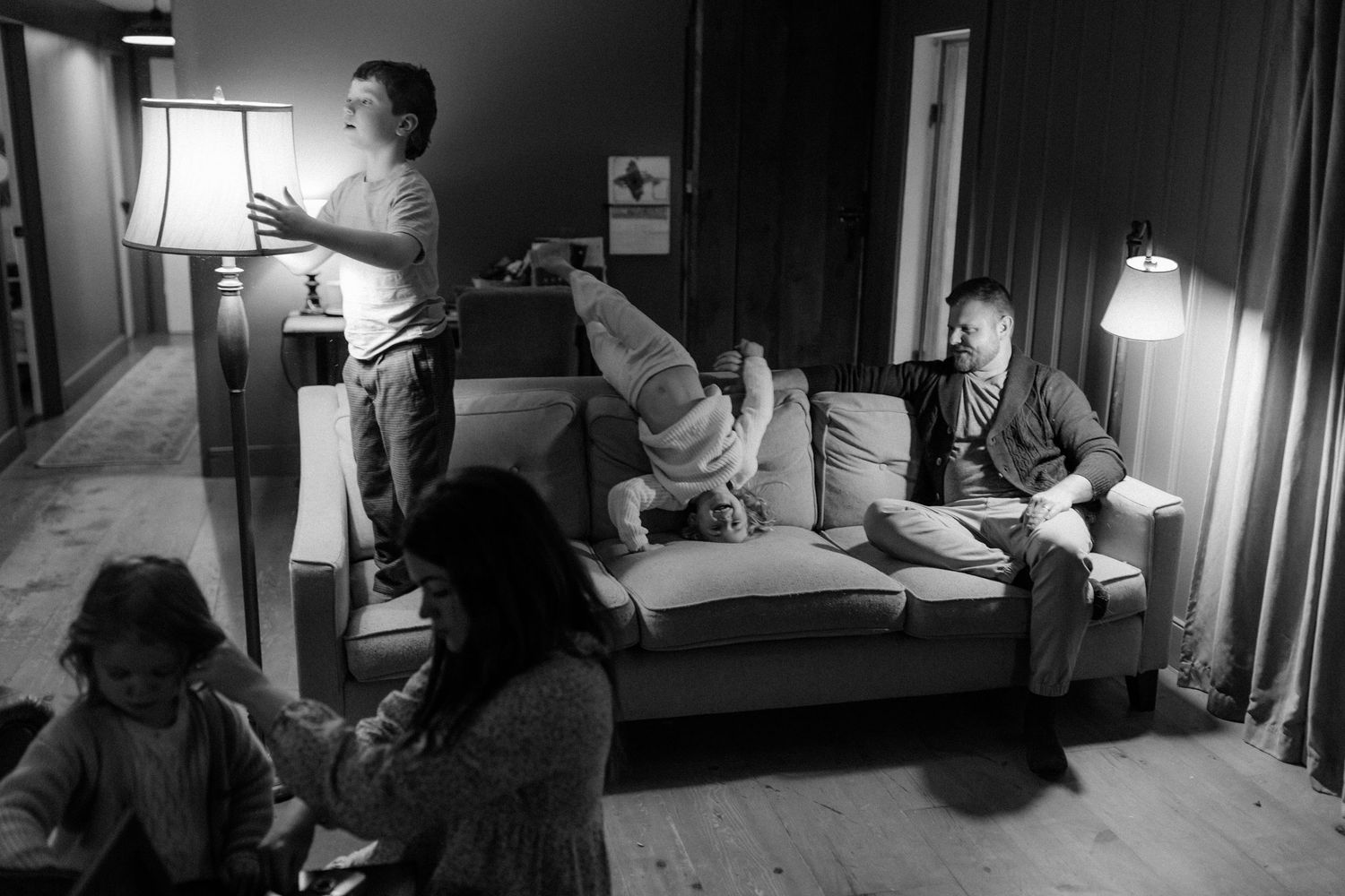 Black and white photo series showing interior scenes with dramatic lighting and shadows in a hallway.