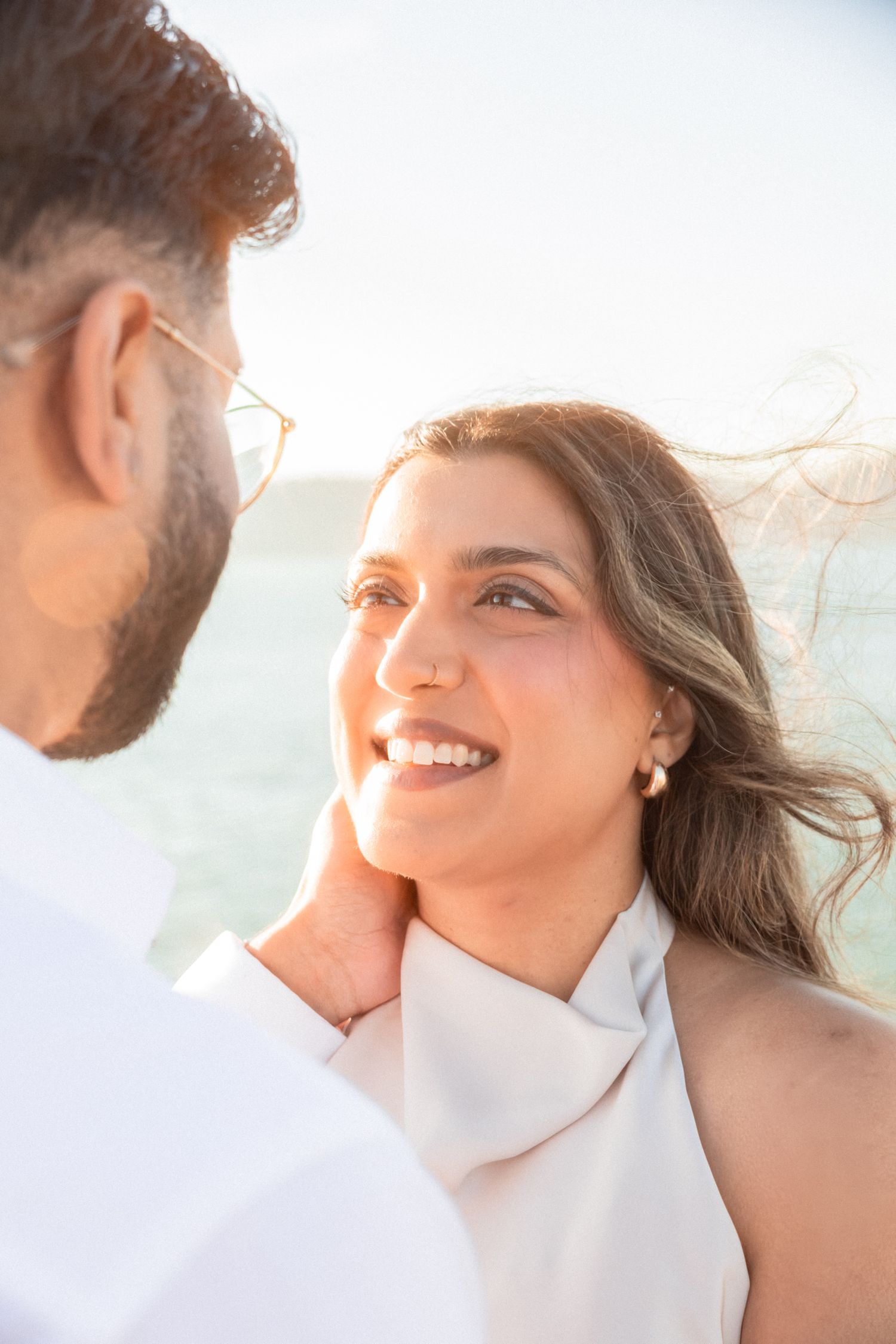 Cinematic close-up of couple looking at each other. engagement photoshoot taken by a Portugal wedding photographer