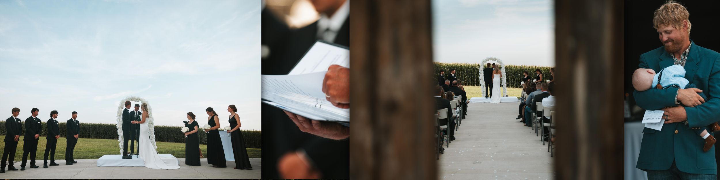 A collage of wedding moments showing couples, guests, and outdoor ceremony scenes in various romantic settings.