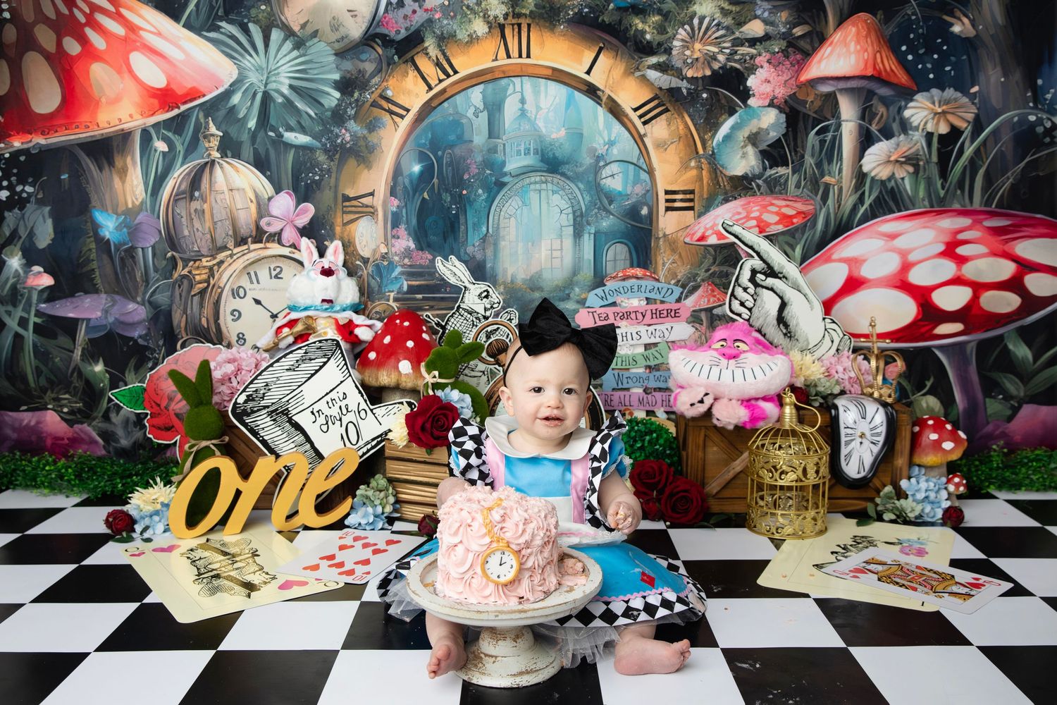 Whimsical Alice in Wonderland themed party setup with mushrooms, clocks and checkered floor.