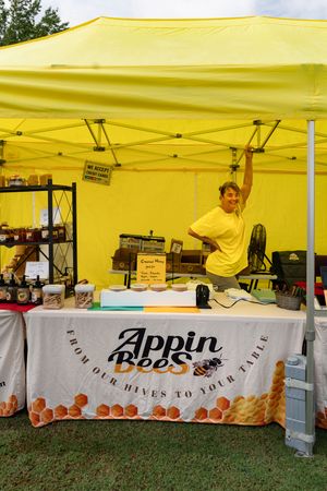 Yellow vendor tent with Pippin ice cream display and banner at outdoor market.