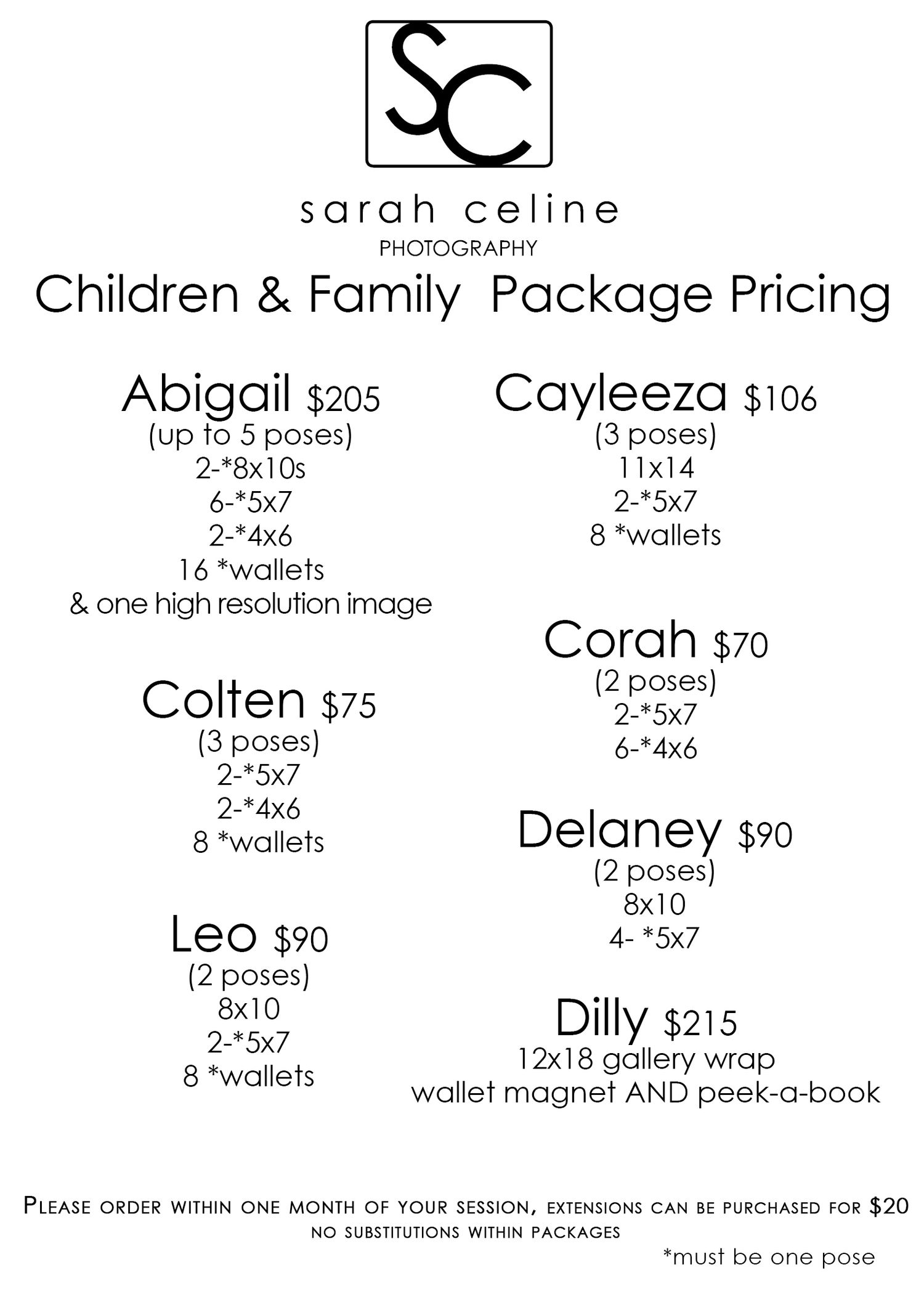 Sarah Celine Photography children and family portrait package pricing menu with named package options.