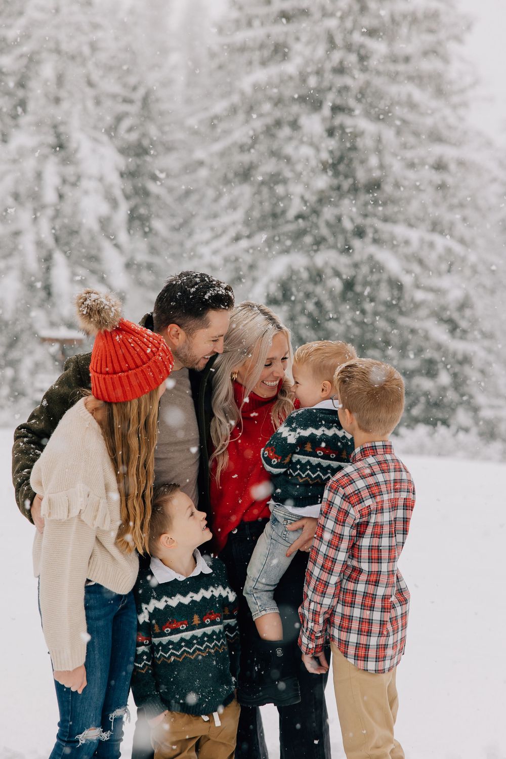 A family gathered together in winter scene with snow falling and snow-covered evergreen trees in background.