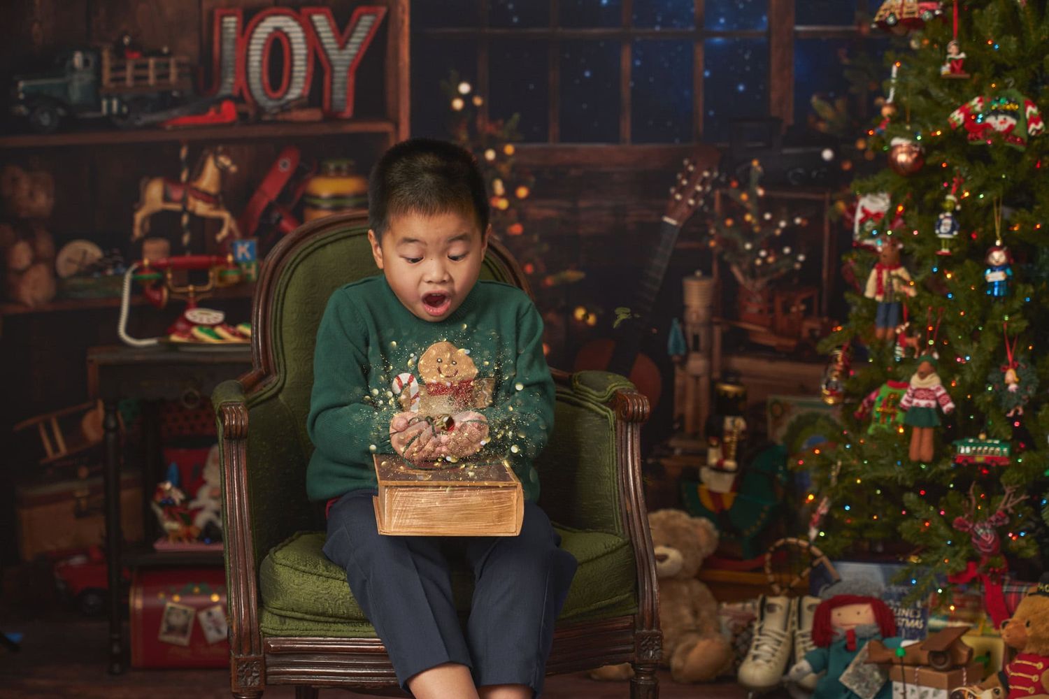 Asian boy with surprise in Christmas scene