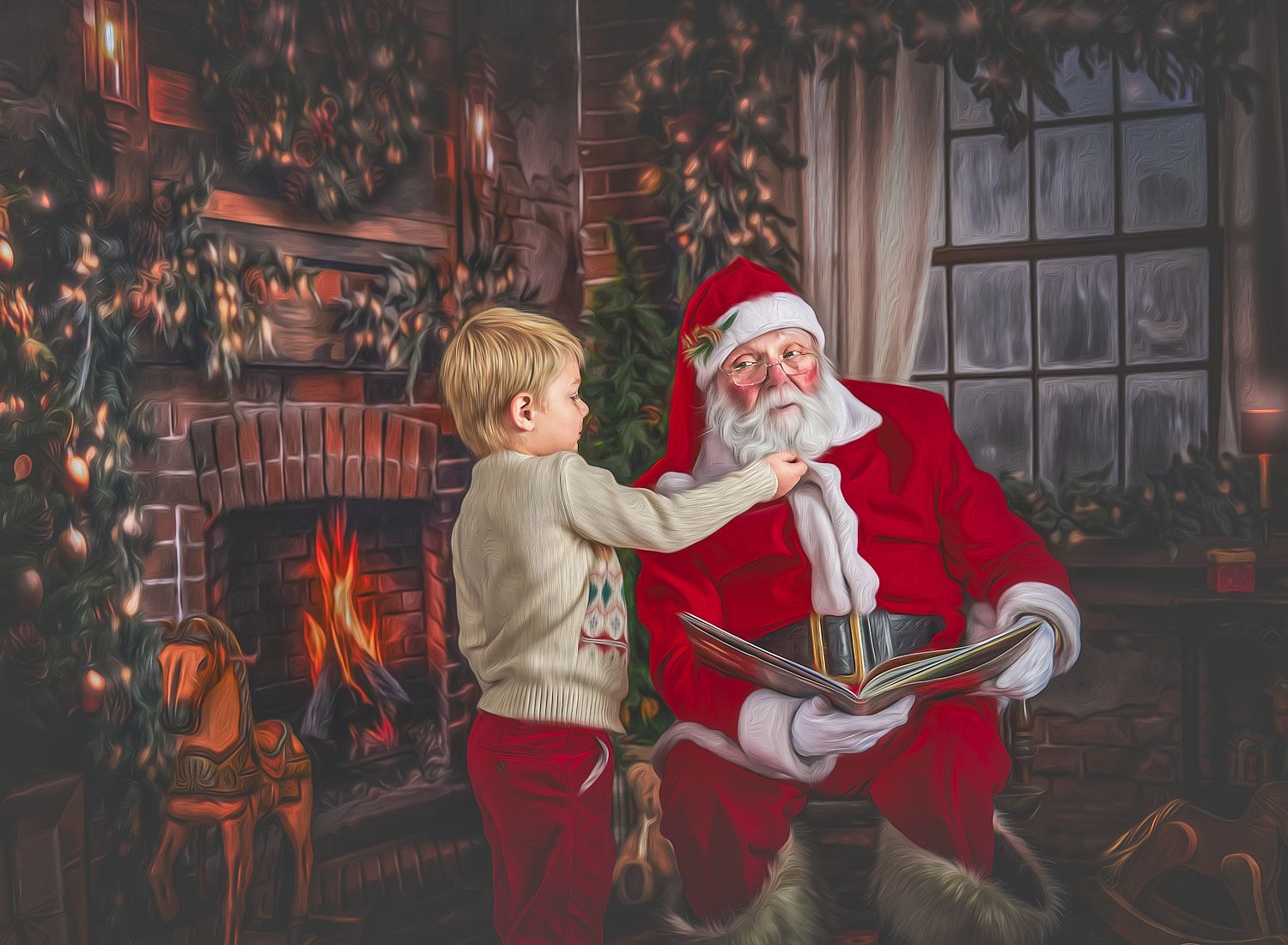 Toddler boy with blonde hair tugging on Santa's beard as he sits in a chair in a fireplace setting