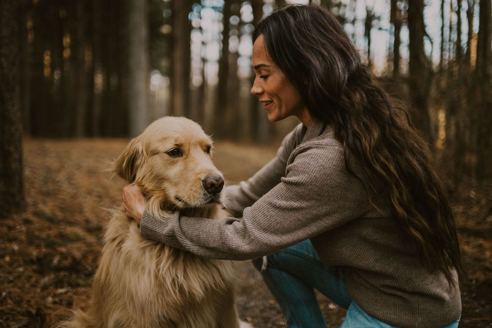 A smiling woman with long dark hair affectionately holds a golden retriever in an autumn forest setting.