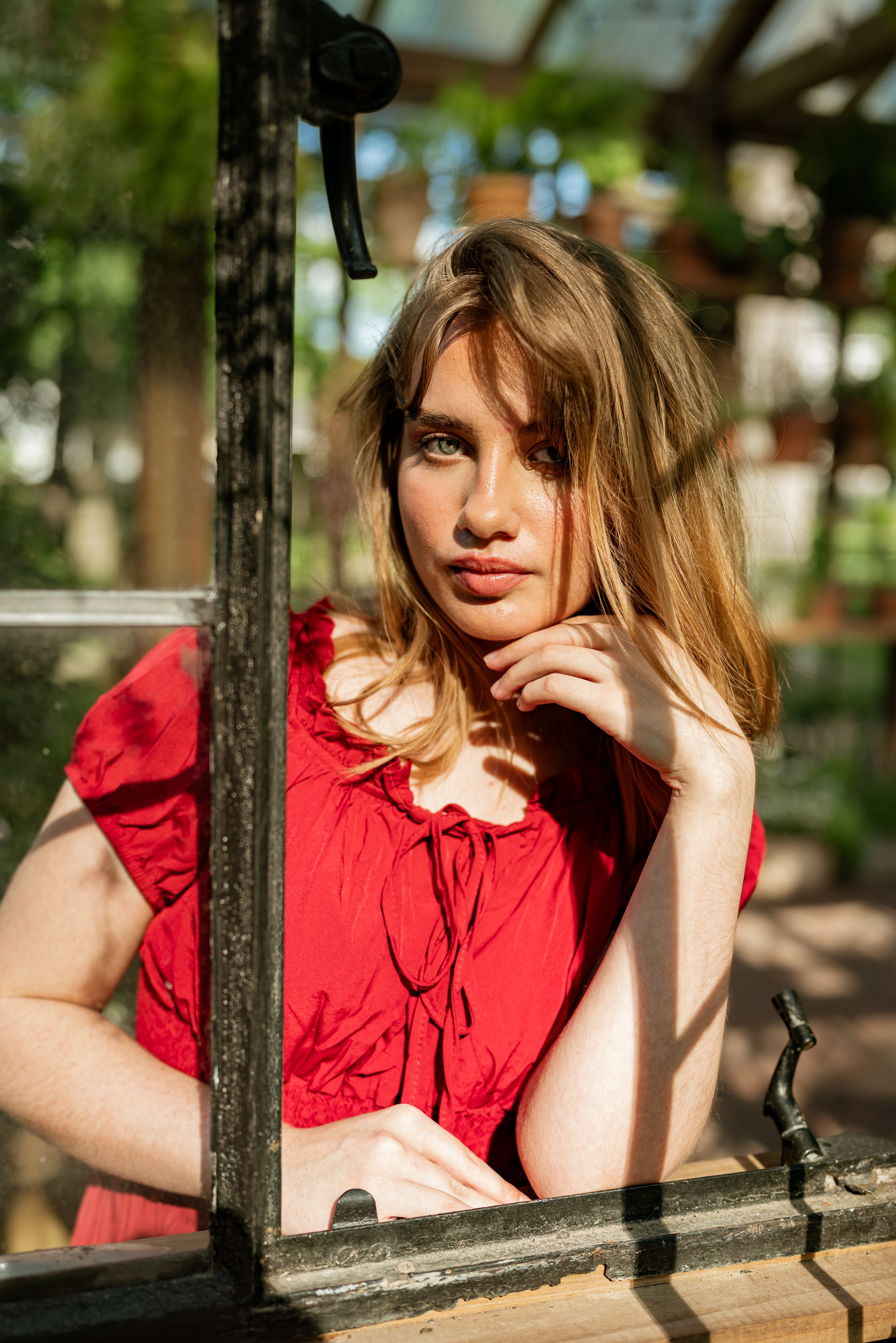 garden vibes, greenhouse, glasshouse, summer, golden hour, red dress, senior, woman