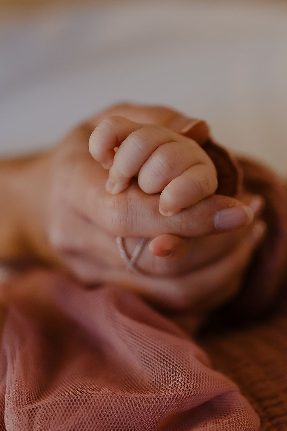 A newborn baby grabs the hand of her mother in natural light