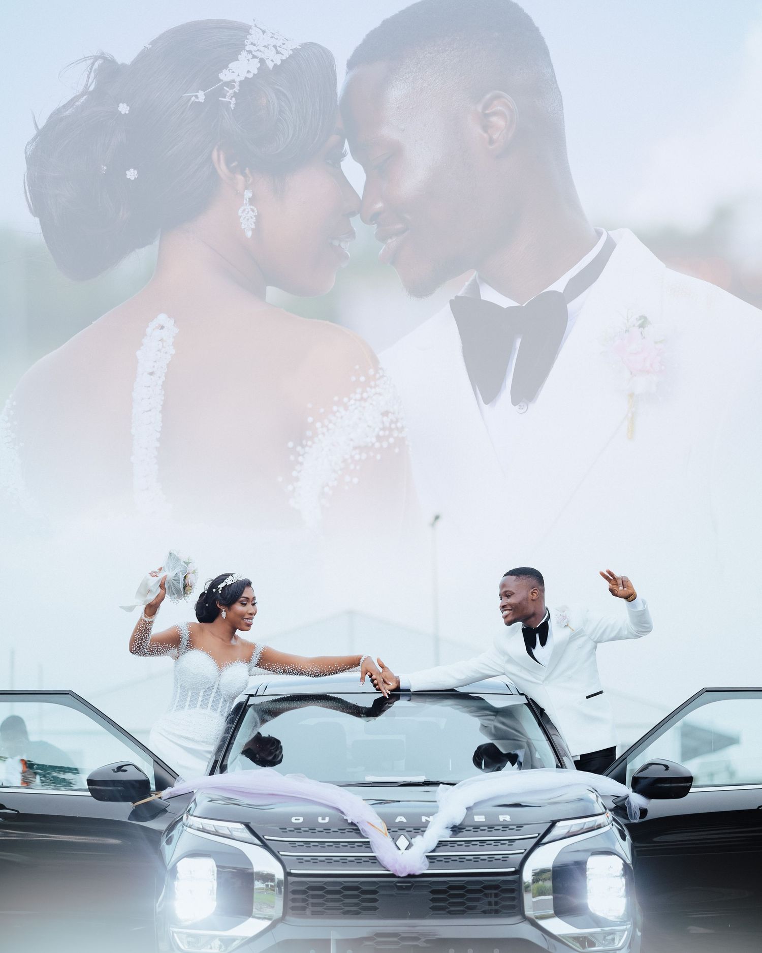 Newlywed couple poses romantically against their white luxury car during a wedding photoshoot.