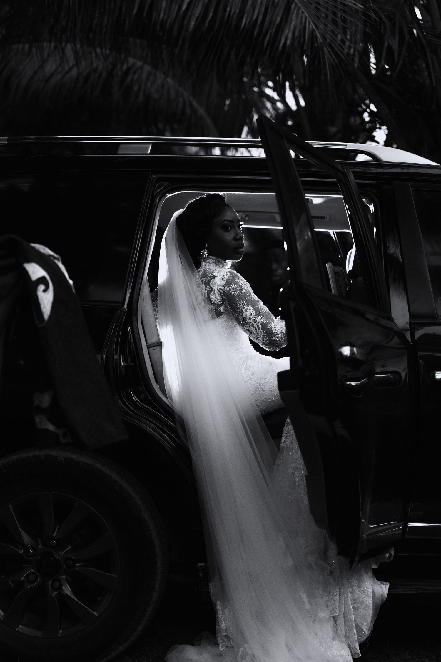 A bride in a flowing white wedding dress enters a dark limousine in a sequence of black and white photographs.