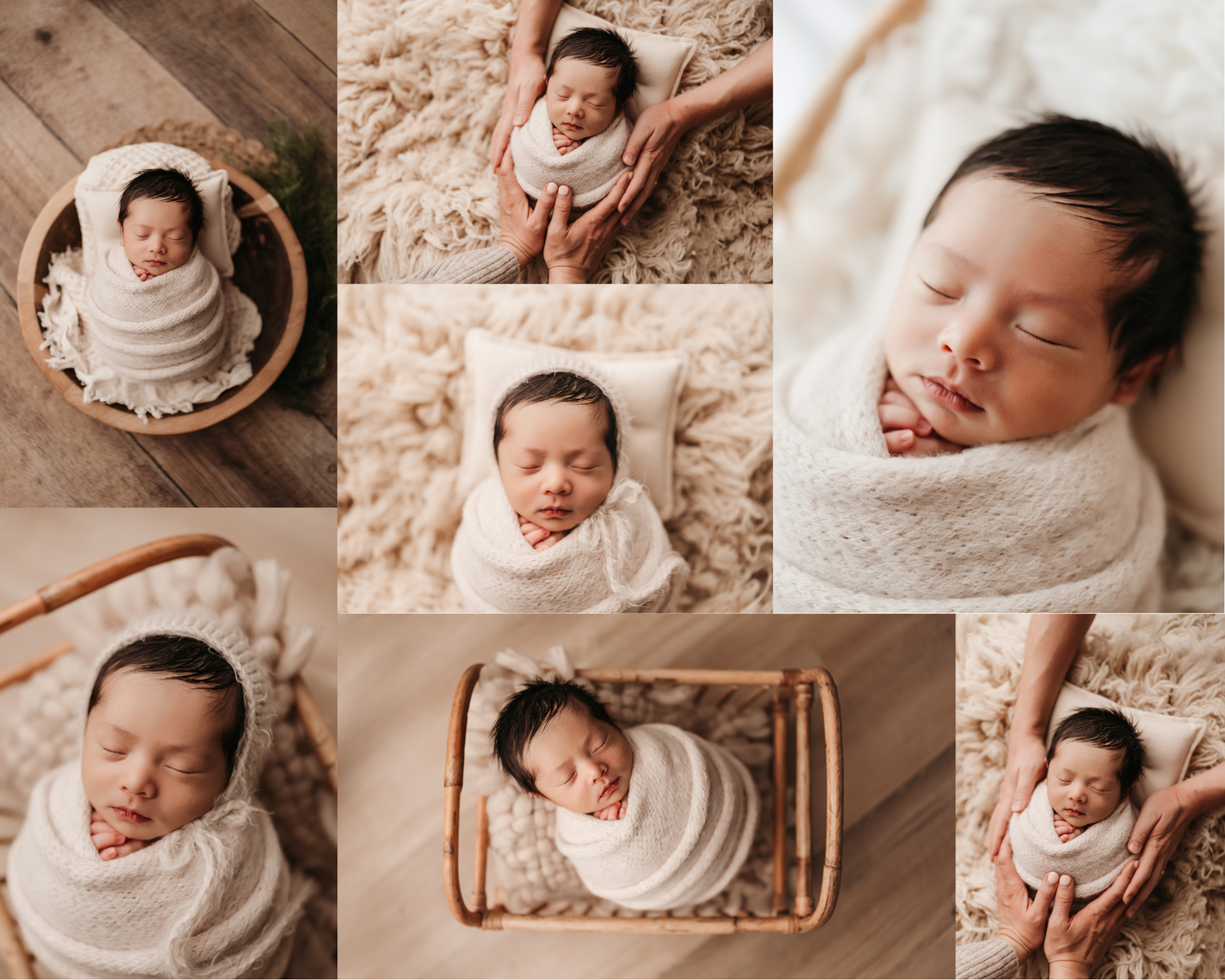 Wrapped mini newborn session in Magnolia TX featuring neutral newborn photography with baby posed in baskets and natural-toned props by Anna