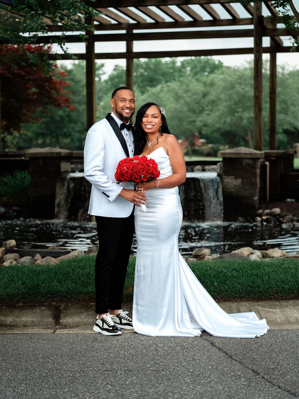 A couple in wedding attire share intimate moments across six romantic outdoor portraits at a garden venue.