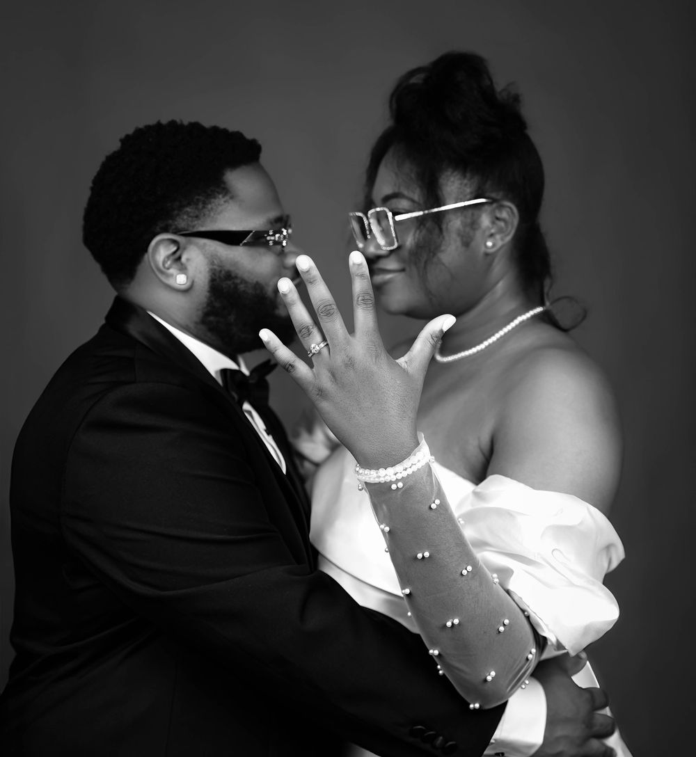 A black and white photo sequence showing a romantic kiss between newlyweds in formal wedding attire.