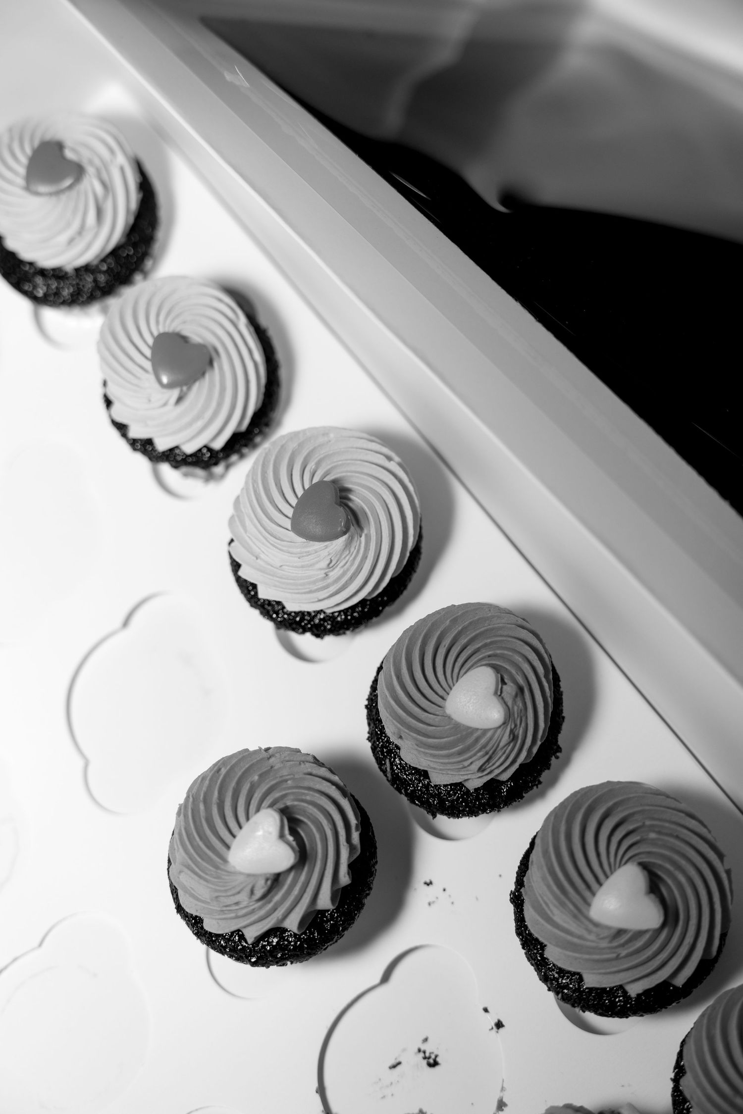 Black and white photo of elegant swirled frosting cupcakes with heart decorations arranged in a bakery box.