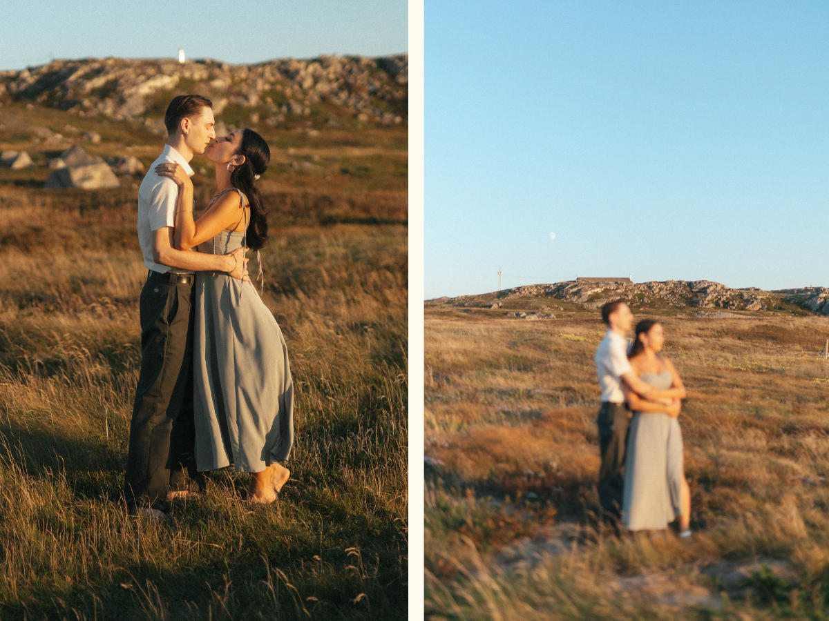 bride and groom kiss in a meadow of tall grass at sunset during Vancouver Island Elopement