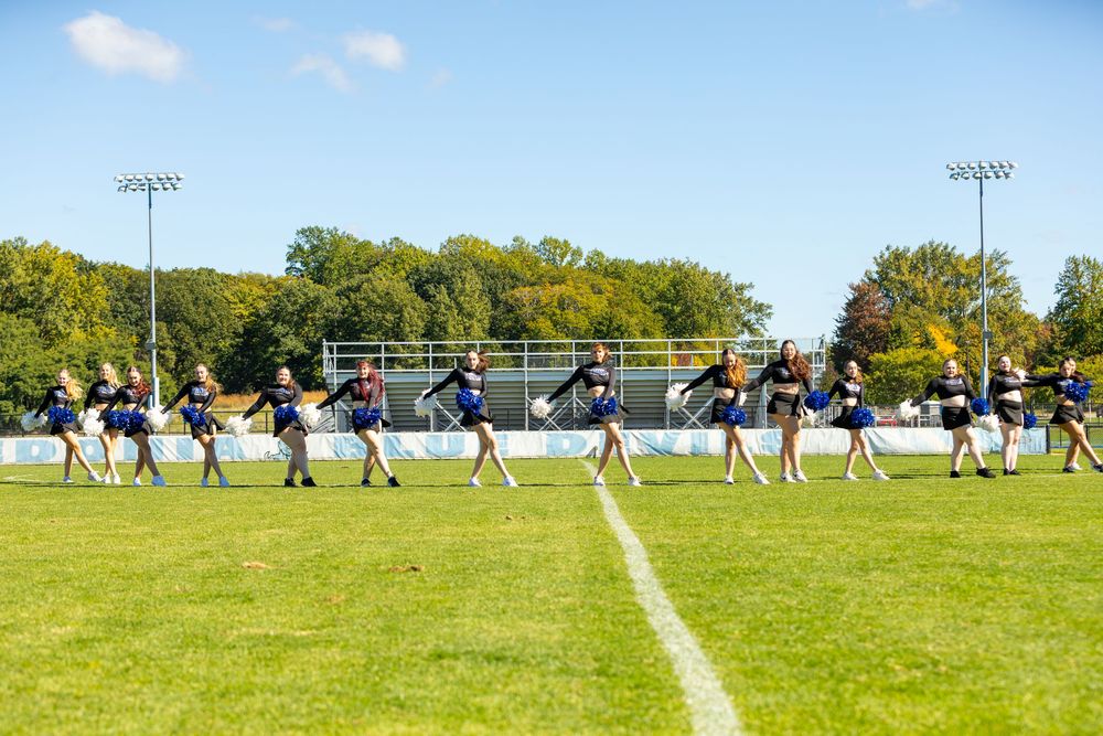 Cheerleaders perform a routine on a green football field outdoors on a sunny day with trees and stadium lights in background.