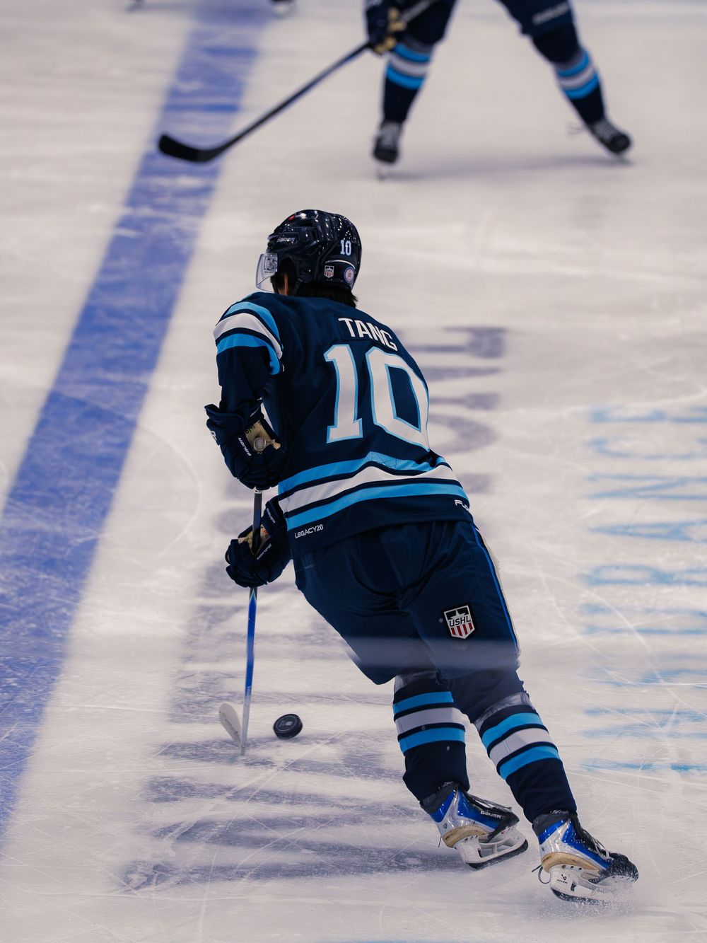 A Madison Capitols player number 10 carries the puck up ice along the blue line, seen from behind, with a teammate skating ahead.