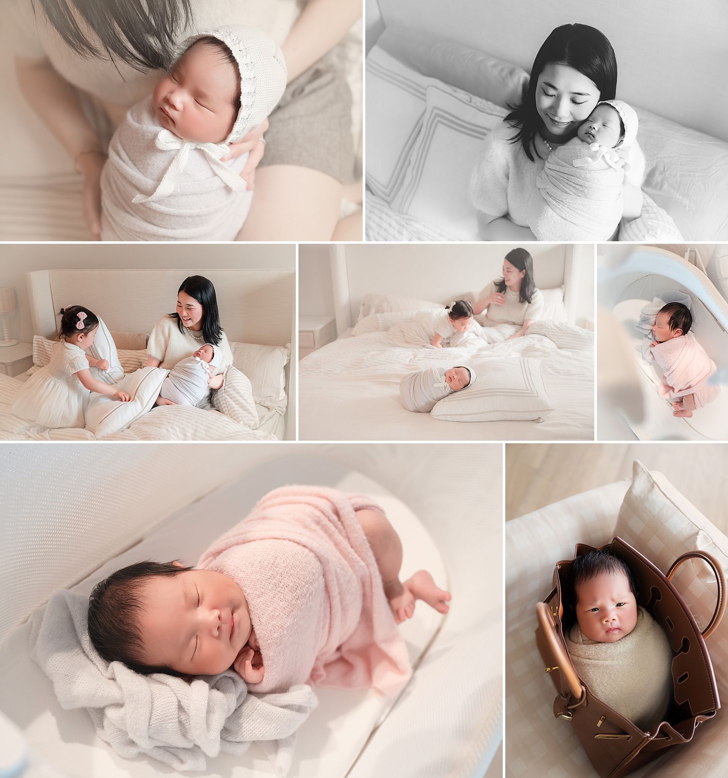 Newborn photography collage featuring a swaddled baby in pink wrap, mother-baby portraits, and infant posed in a leather bag.