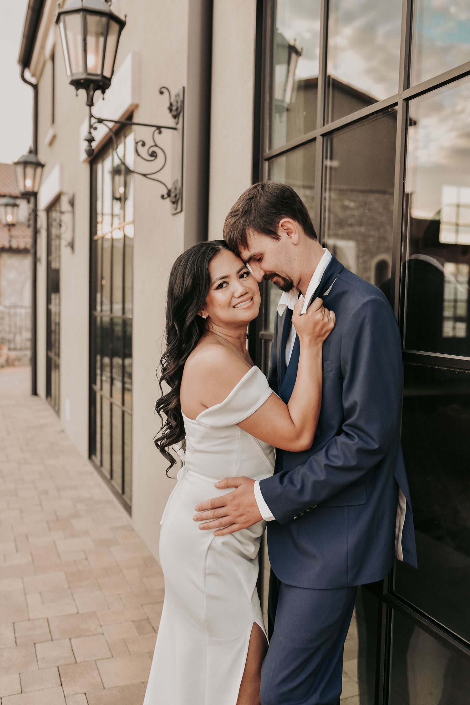Modern North Texas engagement photography with elegant neutral styling and architectural details