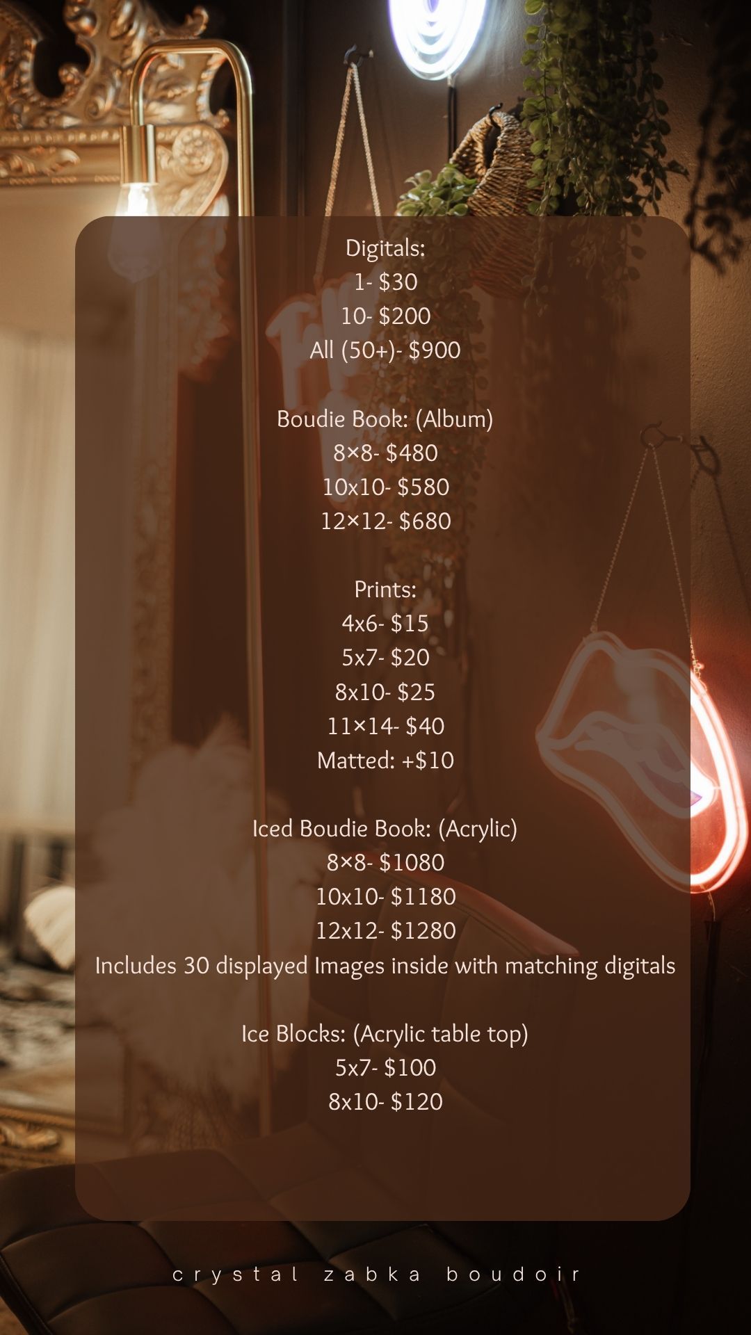 Crystal Zabka Boudoir photography pricing menu showing digitals, albums, prints, and acrylic book packages on dark background.