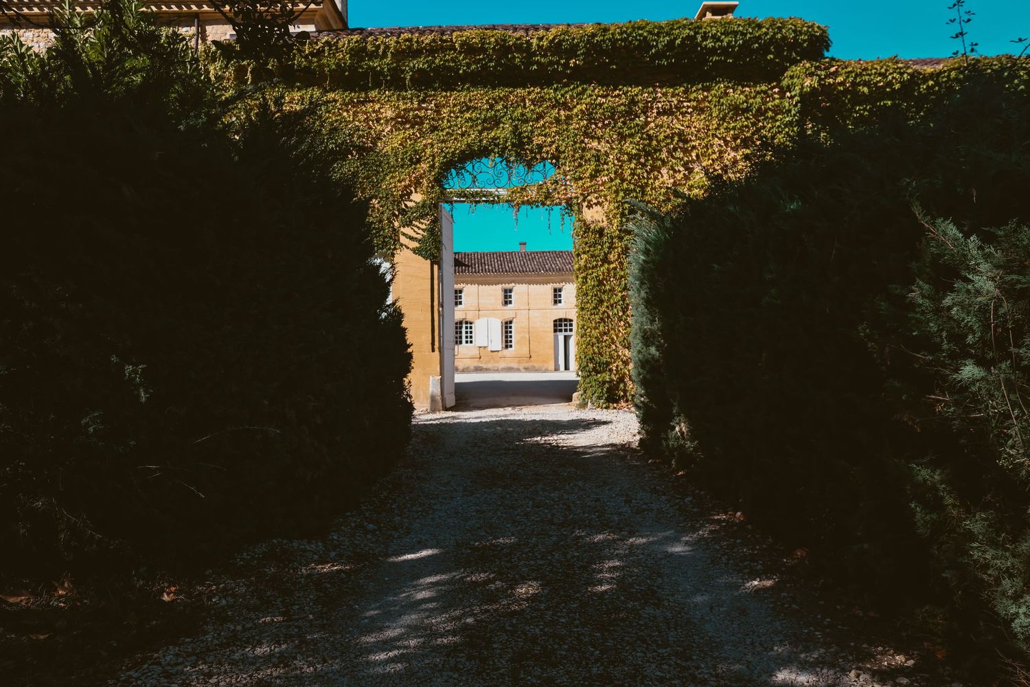 Ivy-covered gateway framing the stone façade and courtyard of Château Sainte-Croix in the Dordogne.