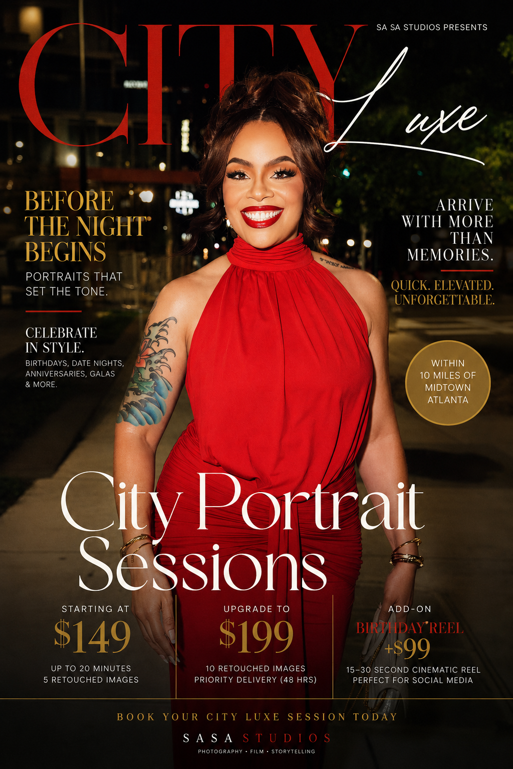 Magazine cover for City Luxe Portrait Sessions by SA SA Studios, featuring a woman in a red dress, starting at $149.