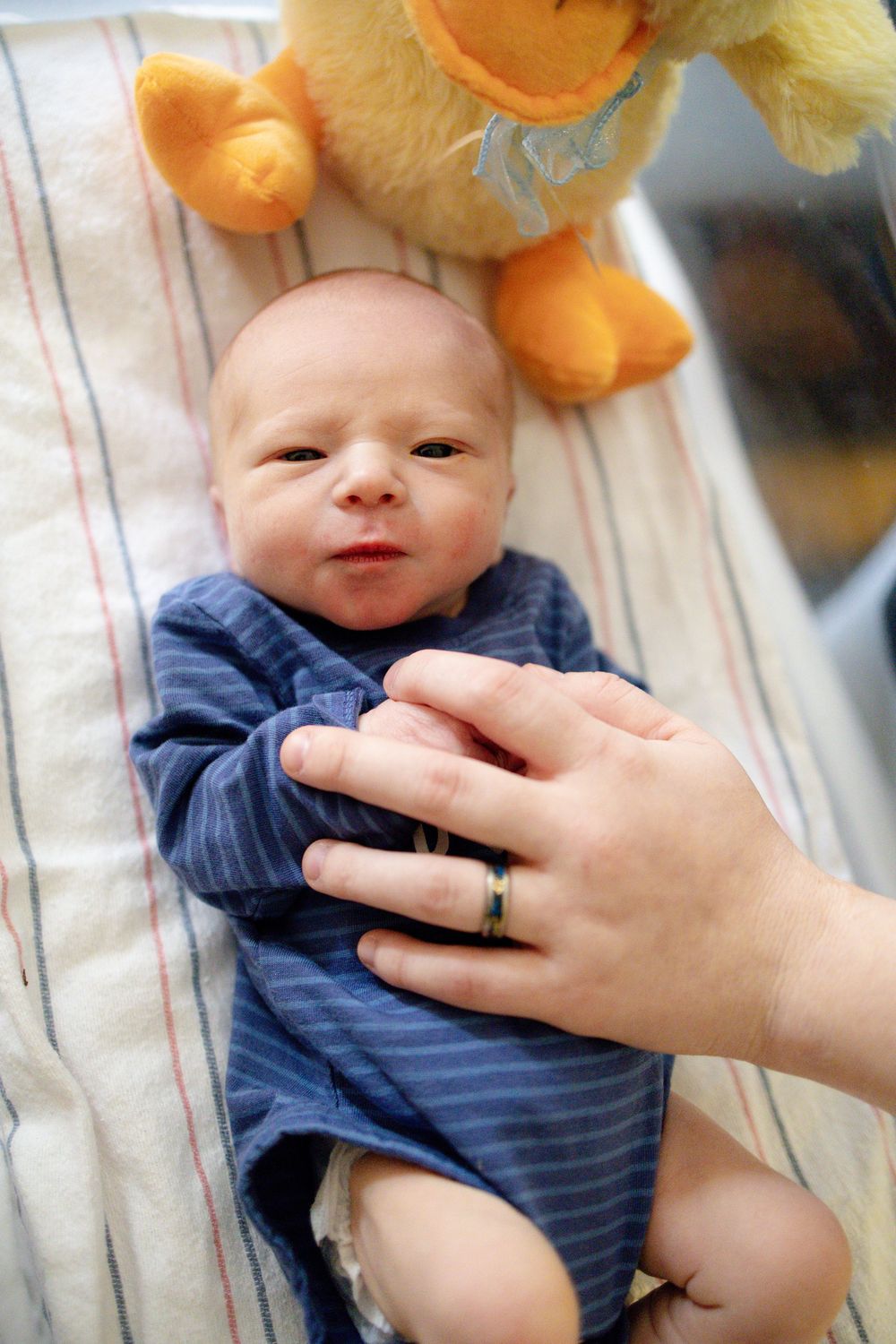 Newborn baby in blue striped onesie lying on striped blanket with yellow duck toy, adult hand gently resting on chest.