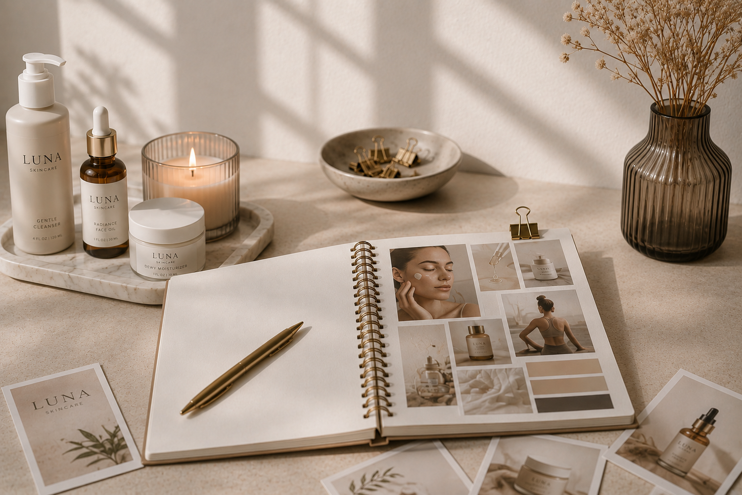 Elegant skincare brand flatlay with LUNA products, open notebook, candle, and dried flowers on neutral background.