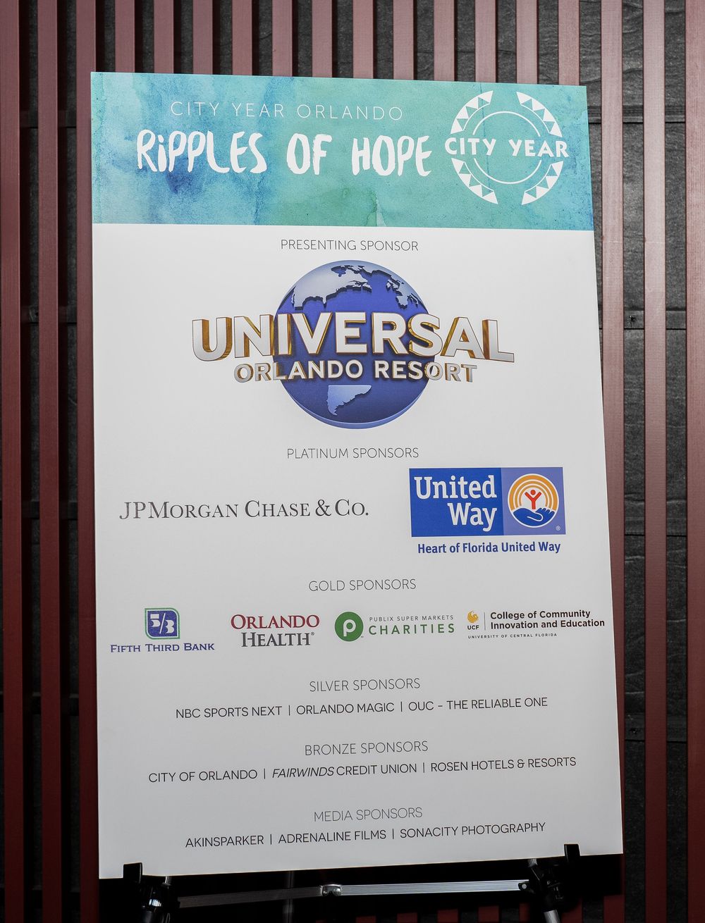 City Year Orlando Ripples of Hope event sponsor board featuring Universal Orlando Resort as presenting sponsor.