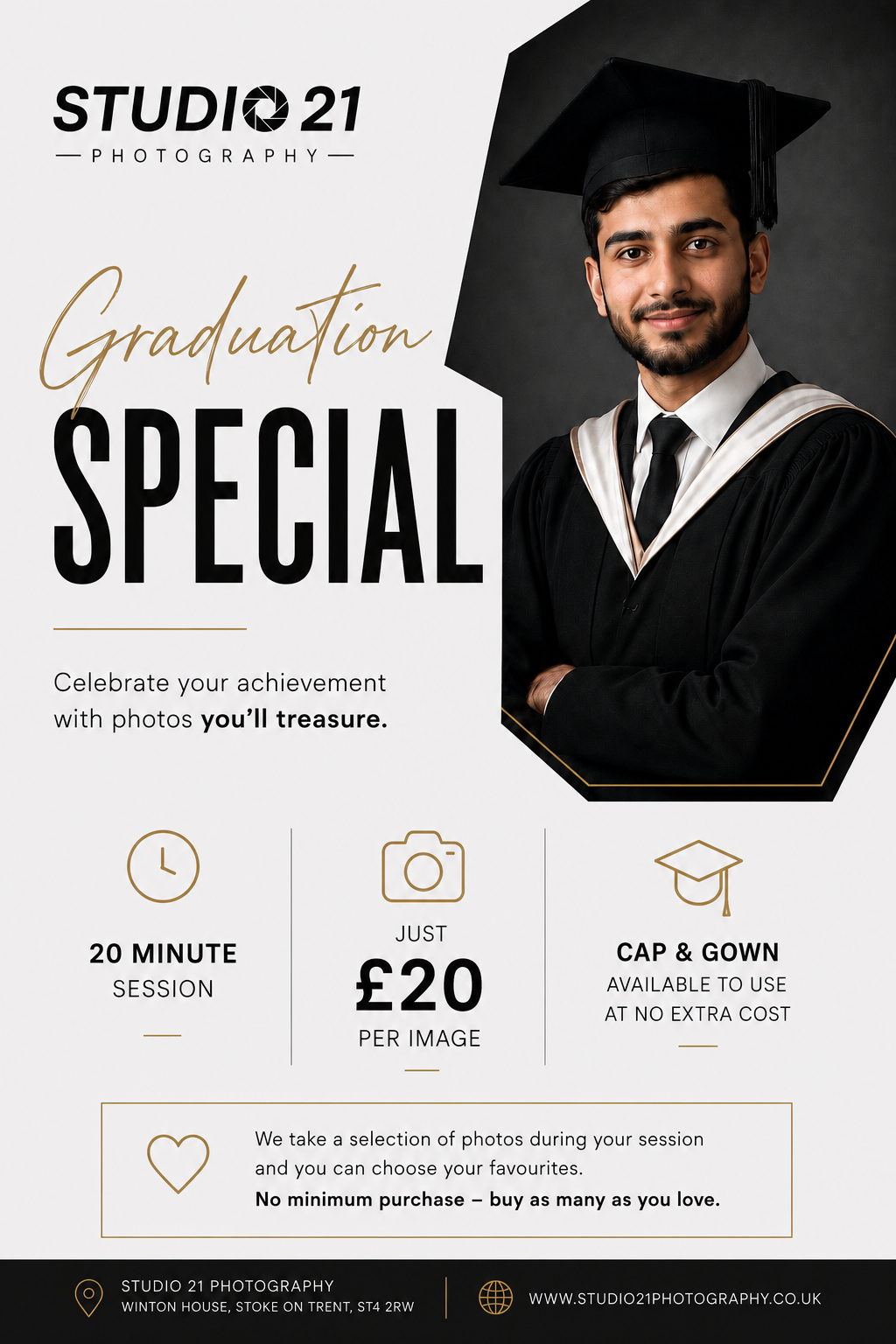 Studio 21 Photography graduation special offer flyer featuring a smiling graduate in cap and gown, £20 per image, 20-minute session.