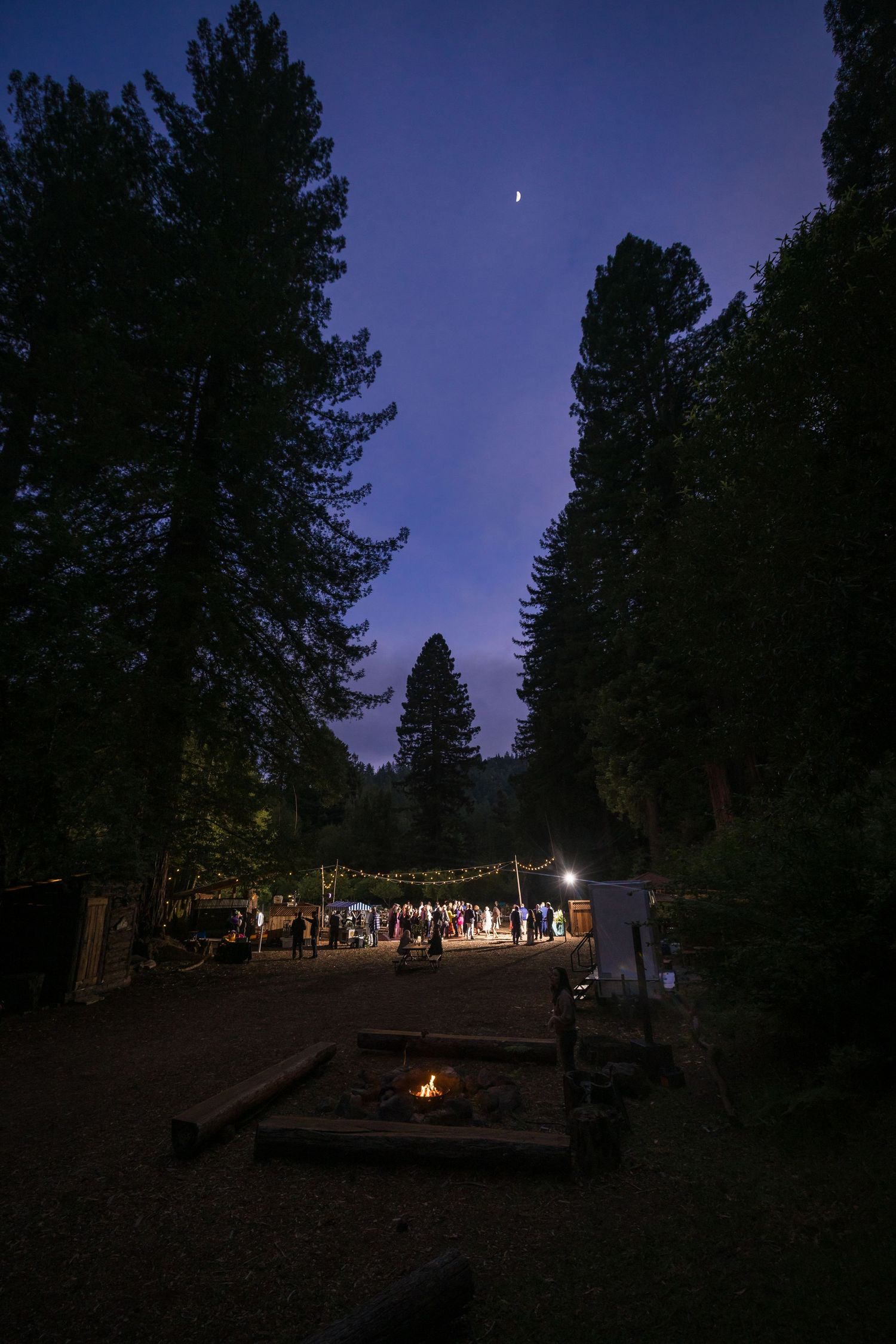 Outdoor evening gathering with string lights among tall trees, a campfire in the foreground, and a crescent moon in the twilight sky.