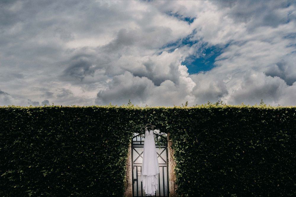 A decorative iron gate framed by lush green ivy hedges opens to a dramatic cloudy blue sky.