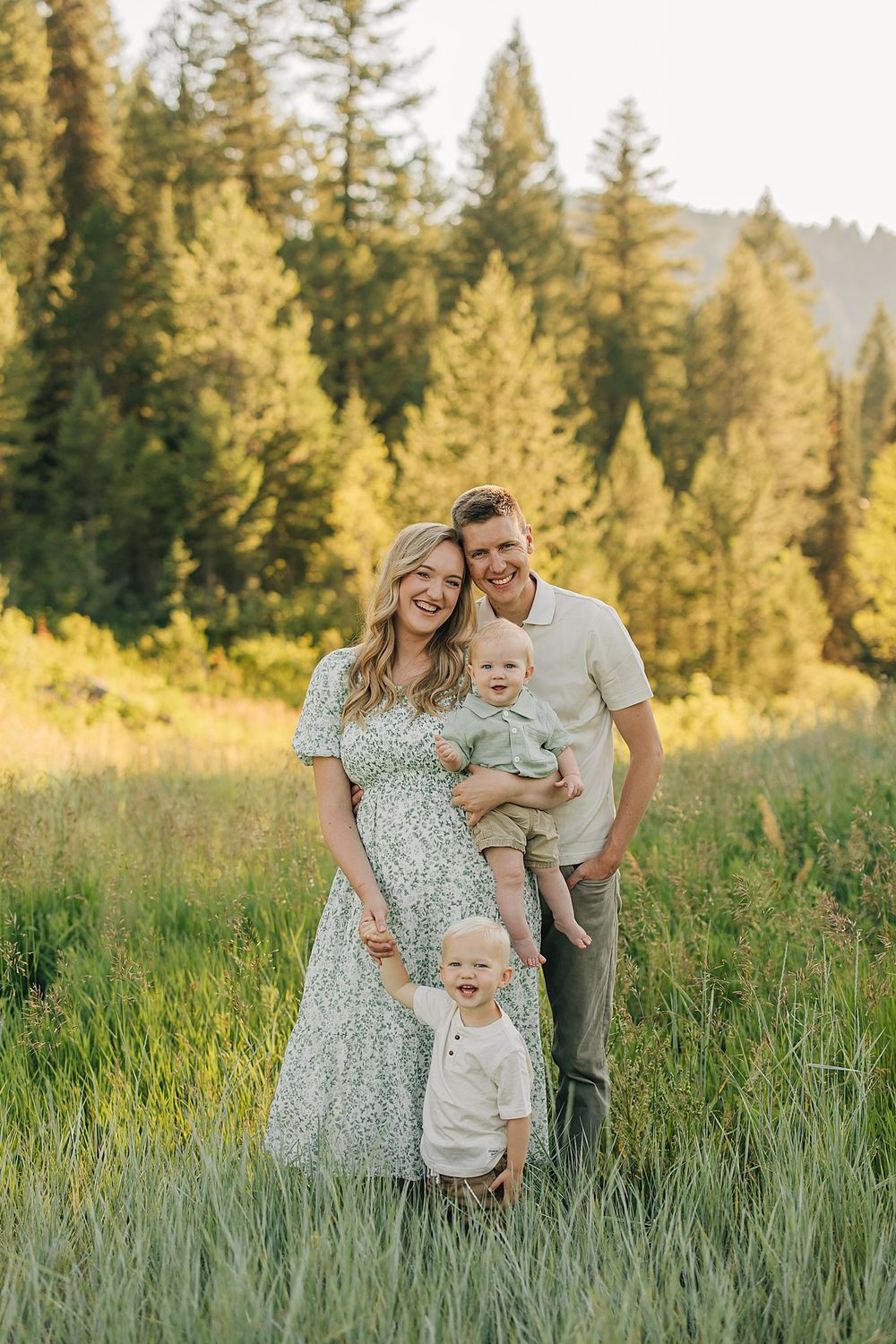 A smiling family of four poses in a sunlit meadow surrounded by tall green pine trees, with mom in a floral dress.