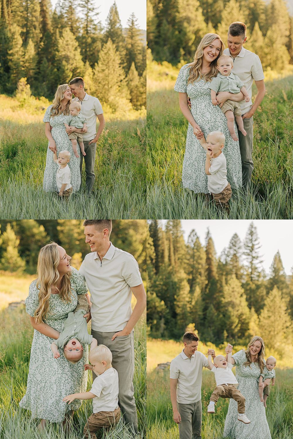 Family of four poses in a sunlit meadow with tall pine trees, pregnant mother in floral dress, father holding toddler son.