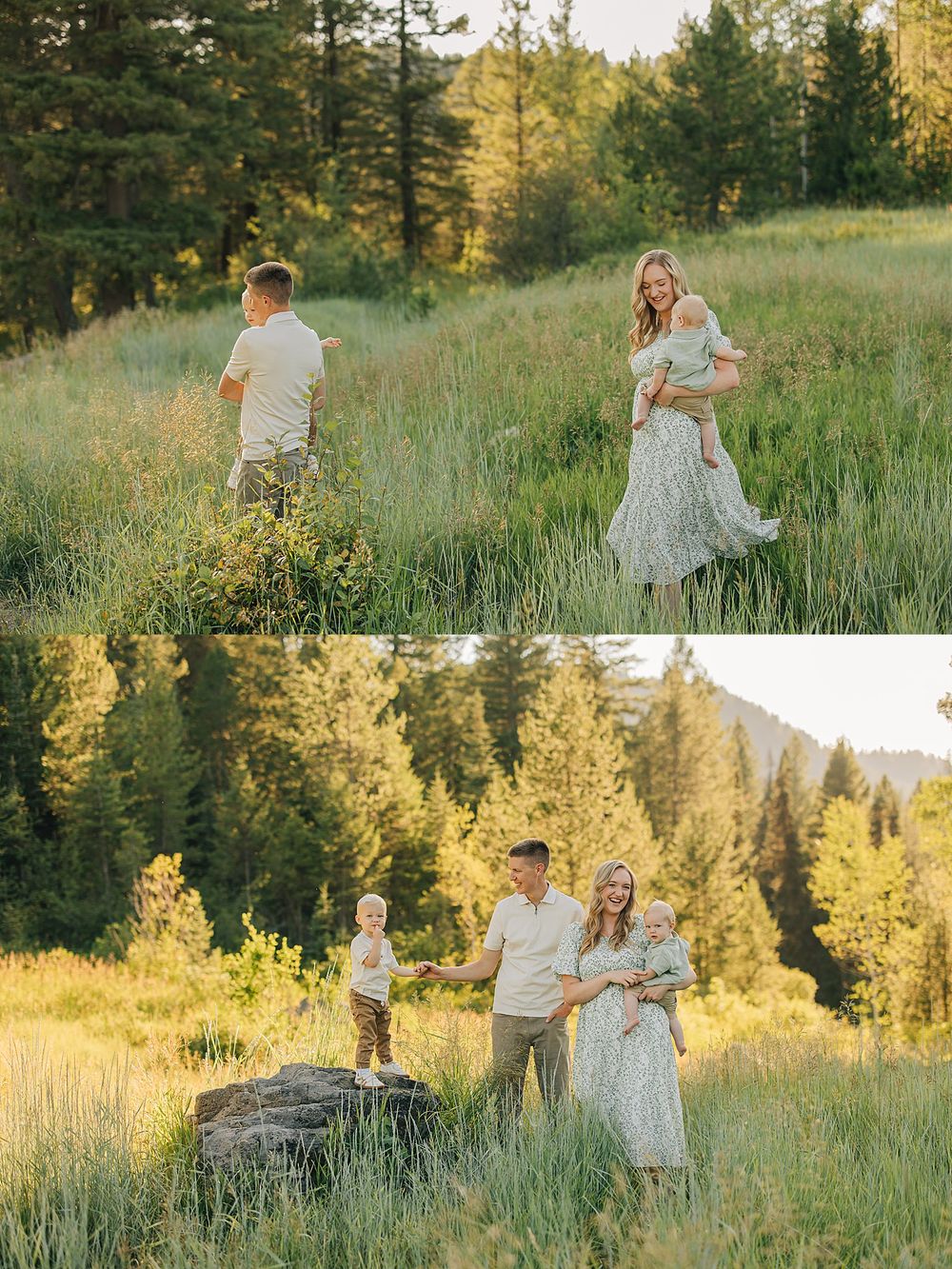 Family posing in a sunlit green meadow surrounded by pine trees, mother in floral dress holding toddler with older child nearby.