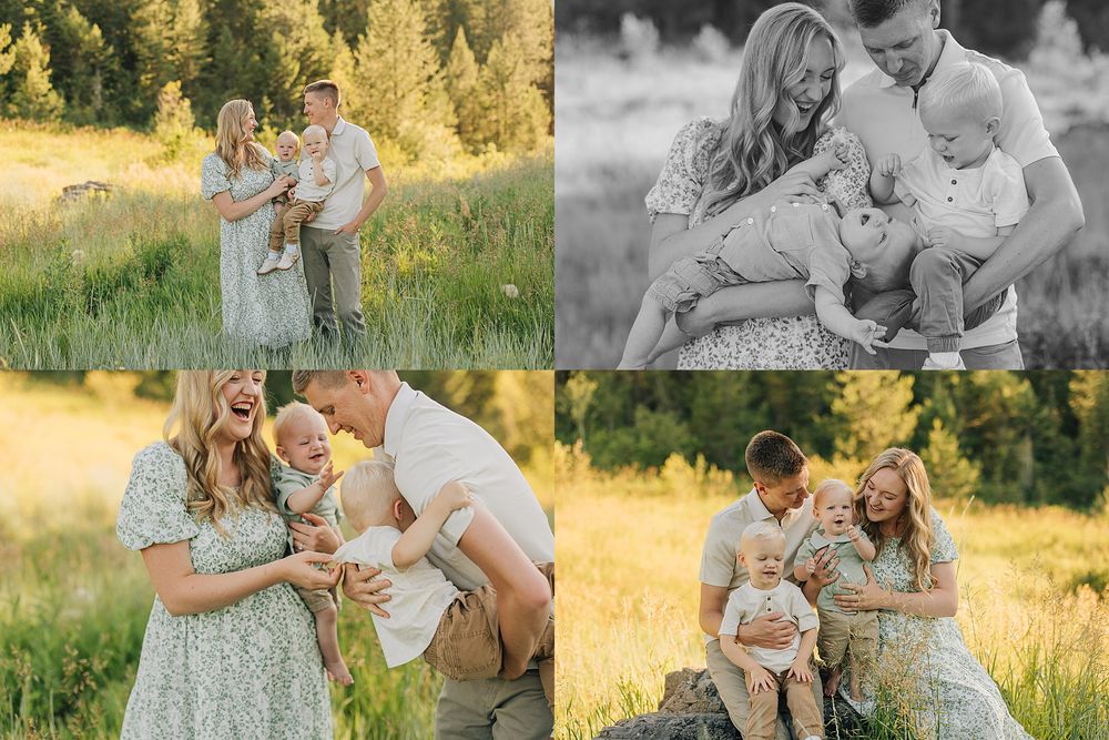 Family of four posing in golden meadow, parents smiling with baby and toddler in matching green outfits.