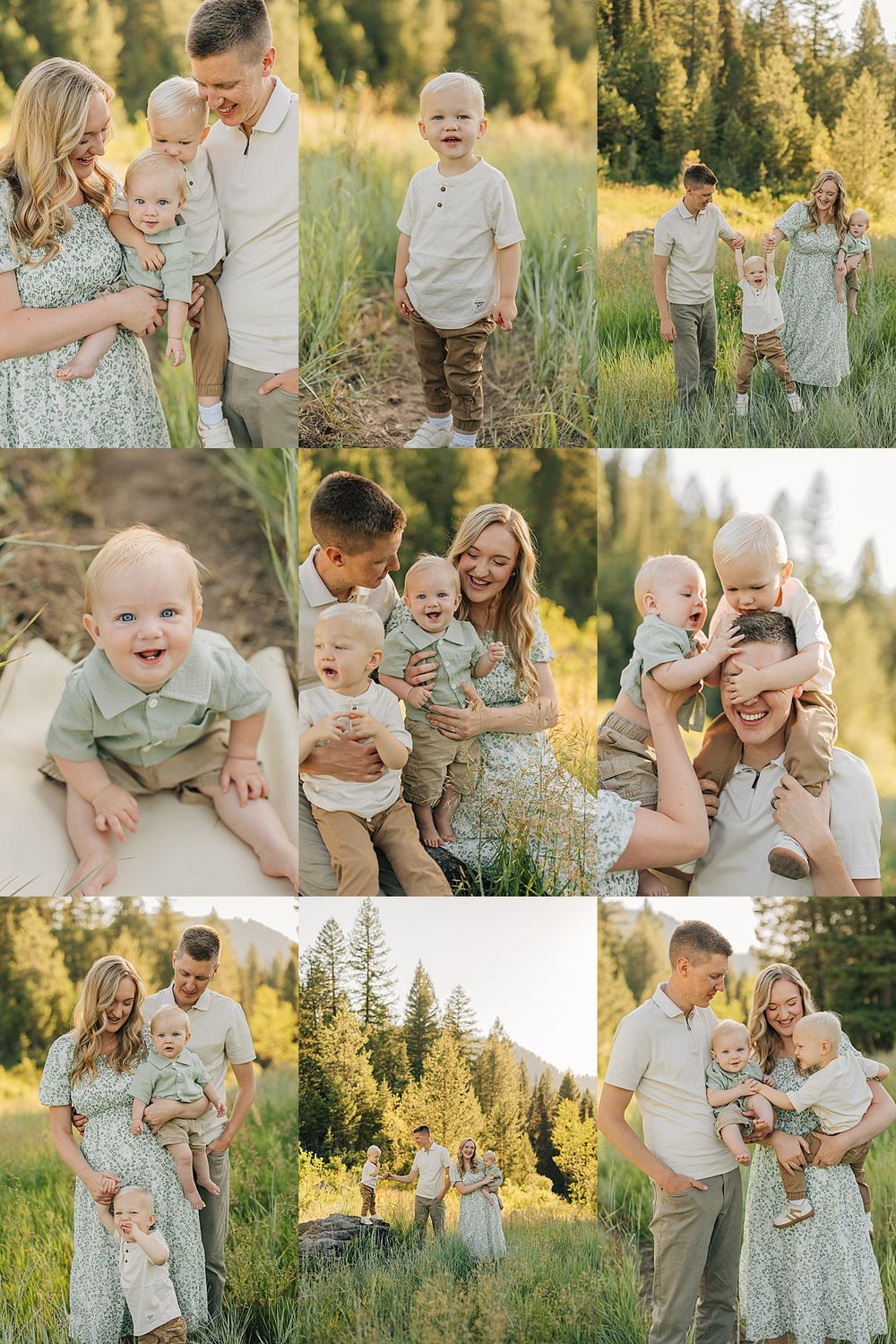 Family photo collage with parents and two young boys in a sunny green meadow with pine trees, wearing coordinated neutral outfits.