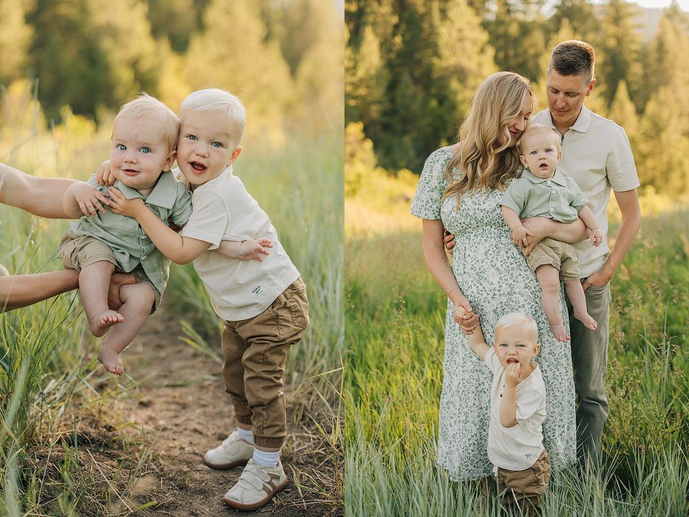 Family portrait in green meadow with pregnant mother, father, toddler boy, and baby during golden hour outdoor photo session.