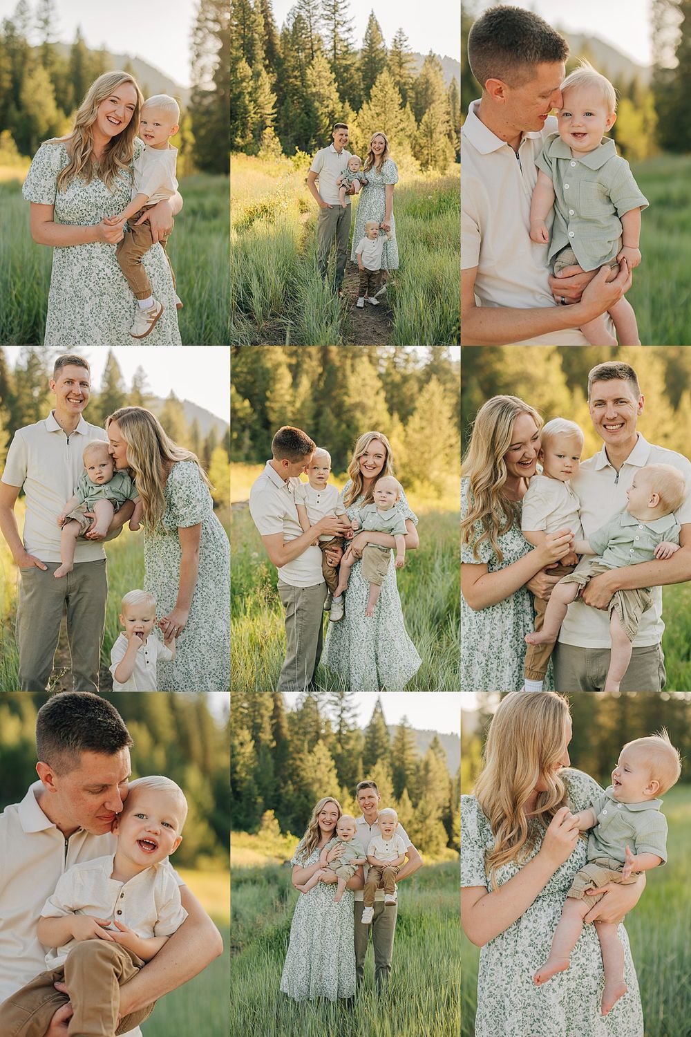 Family photo collage in a sunny green meadow with tall pines, featuring parents and baby in coordinating sage and cream outfits.