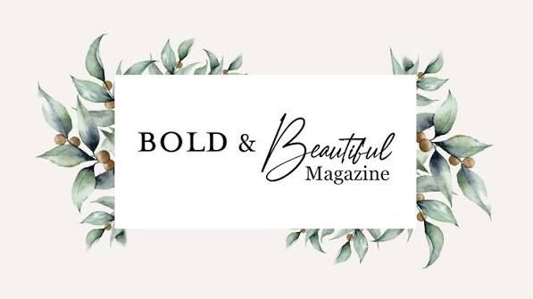 Bold & Beautiful Magazine logo with elegant script font surrounded by watercolor green leaves on cream background.