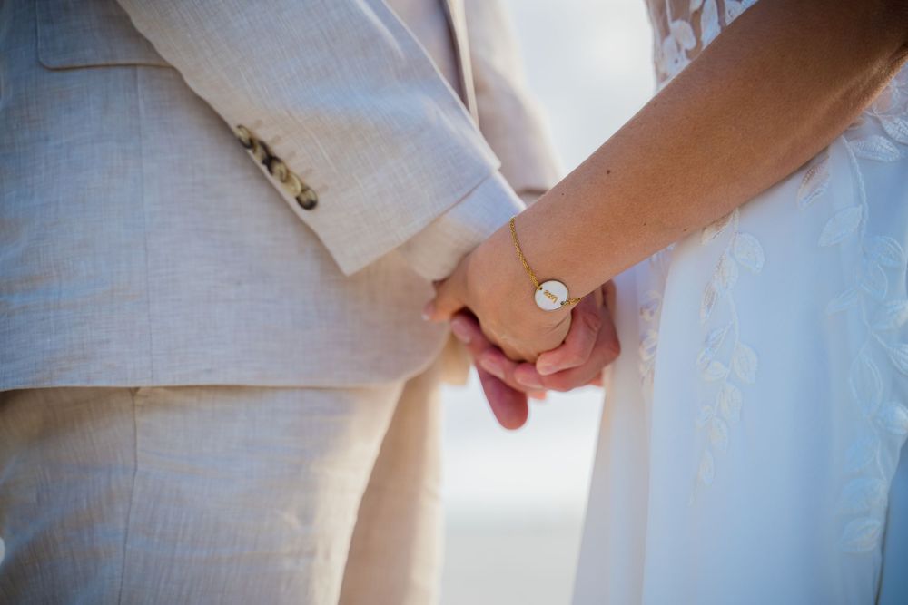 Bride and groom holding hands in wedding attire, close-up of couple wearing white dress and gray suit.