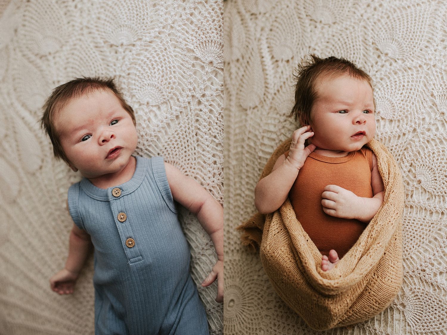 Two newborn babies lying on a cream knit blanket, one in a blue romper and one wrapped in a warm orange swaddle.