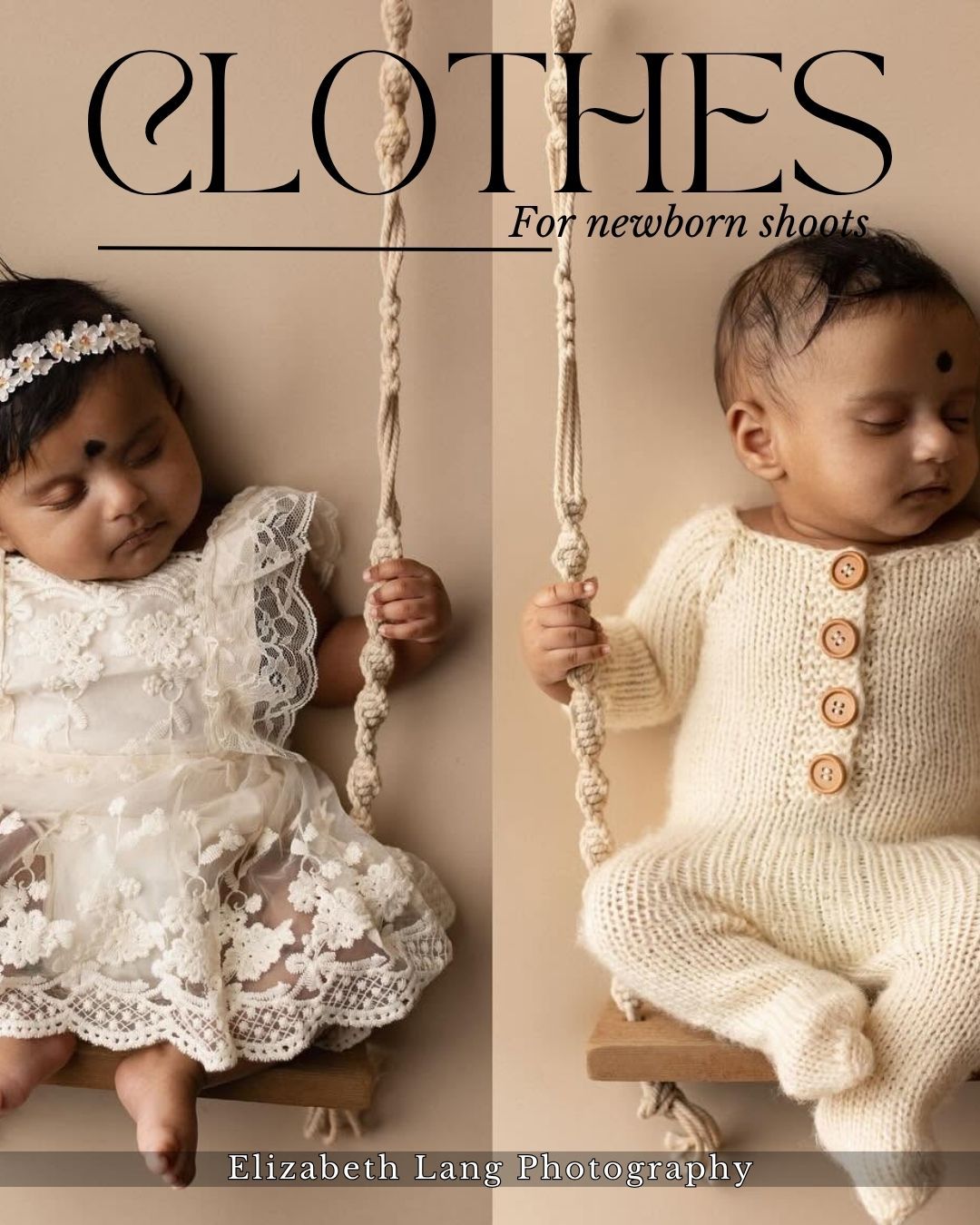 Two newborn babies in cream outfits on swings, styled for a professional newborn photo shoot by Elizabeth Lang Photography.