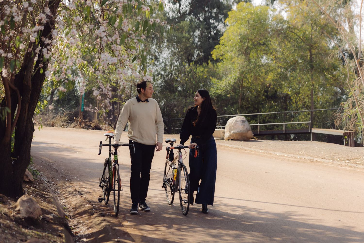 Man and woman walking their road bikes along a tree-lined park path.
