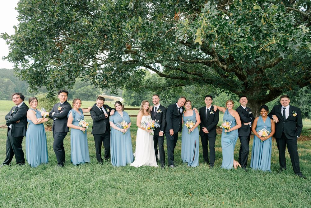Wedding party poses under large oak tree, bridesmaids in blue gowns and groomsmen in black suits on green lawn.