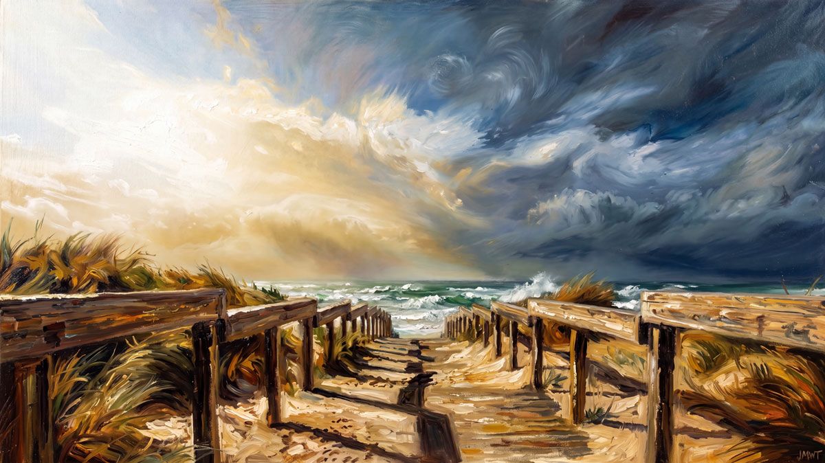 Oil painting of a stormy beach path with wooden fences, turbulent waves, and dramatic sunlit clouds over the ocean.