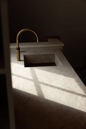 Elegant marble bathroom countertop with undermount sink and brushed gold faucet in dramatic natural light.