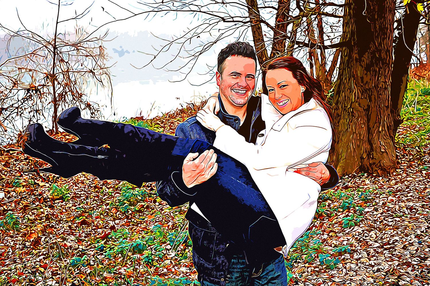 A man carries a laughing woman in his arms outdoors among autumn leaves near a tree and lake.